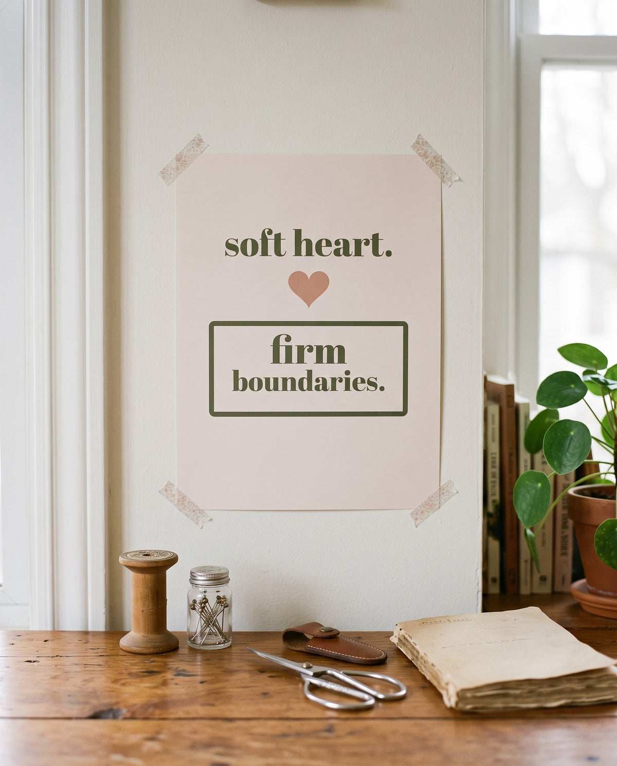 Soft Heart, Firm Boundaries Print, unframed, taped above a sewing table