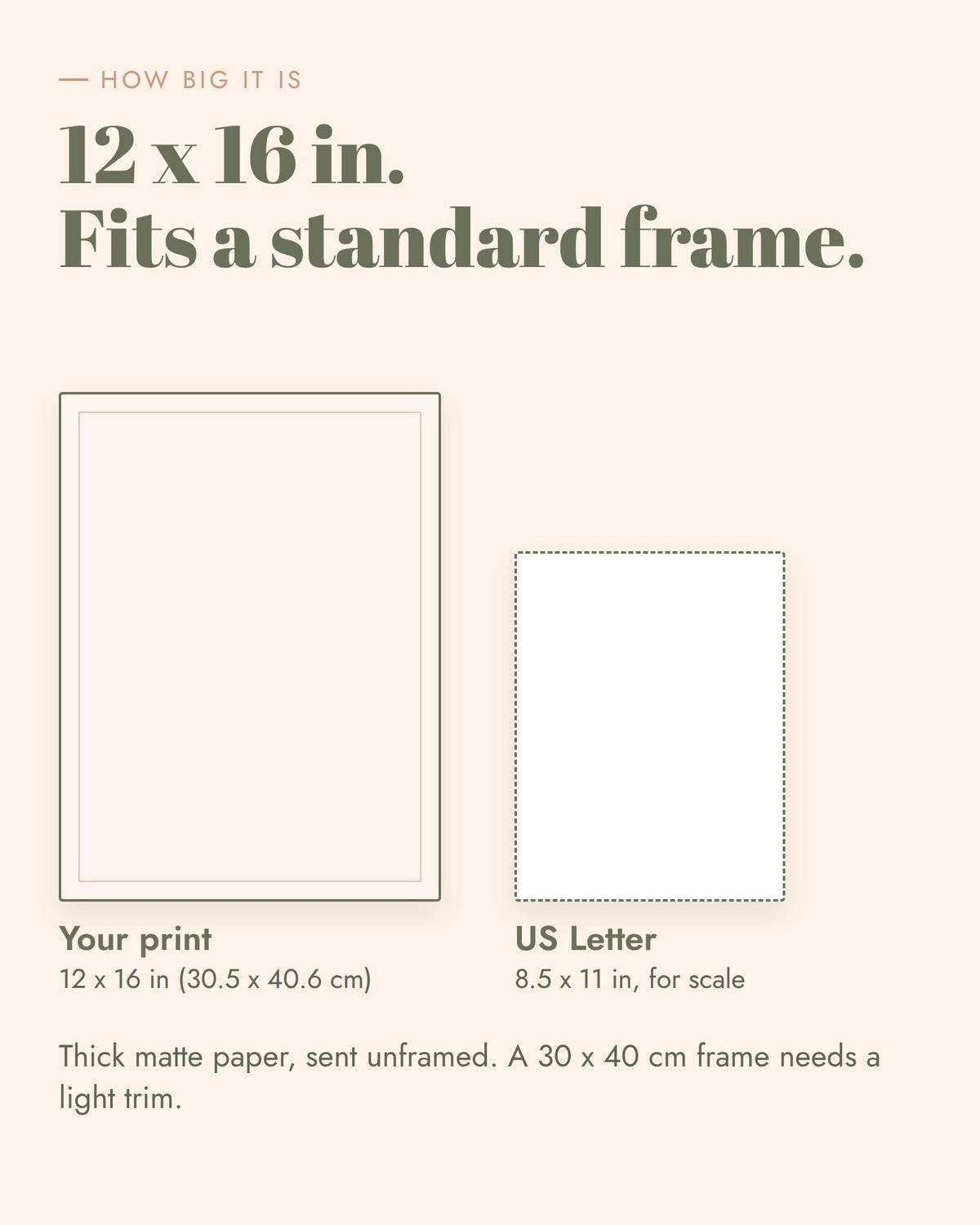 Soft Heart, Firm Boundaries Print: how big it is, 12 x 16 in (30.5 x 40.6 cm), shown next to a sheet of US Letter at the same scale. Sent unframed.