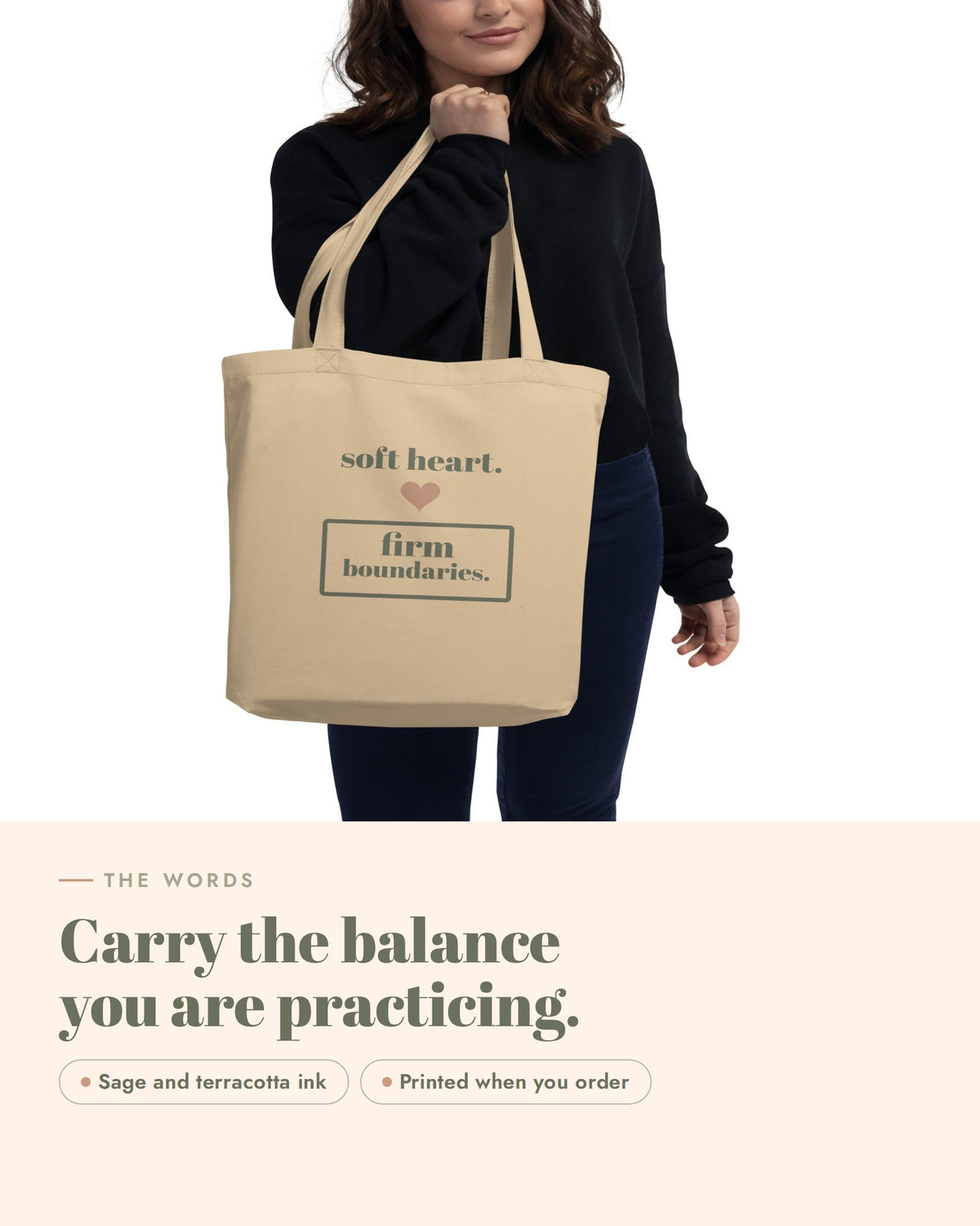Soft Heart, Firm Boundaries Tote, the design up close