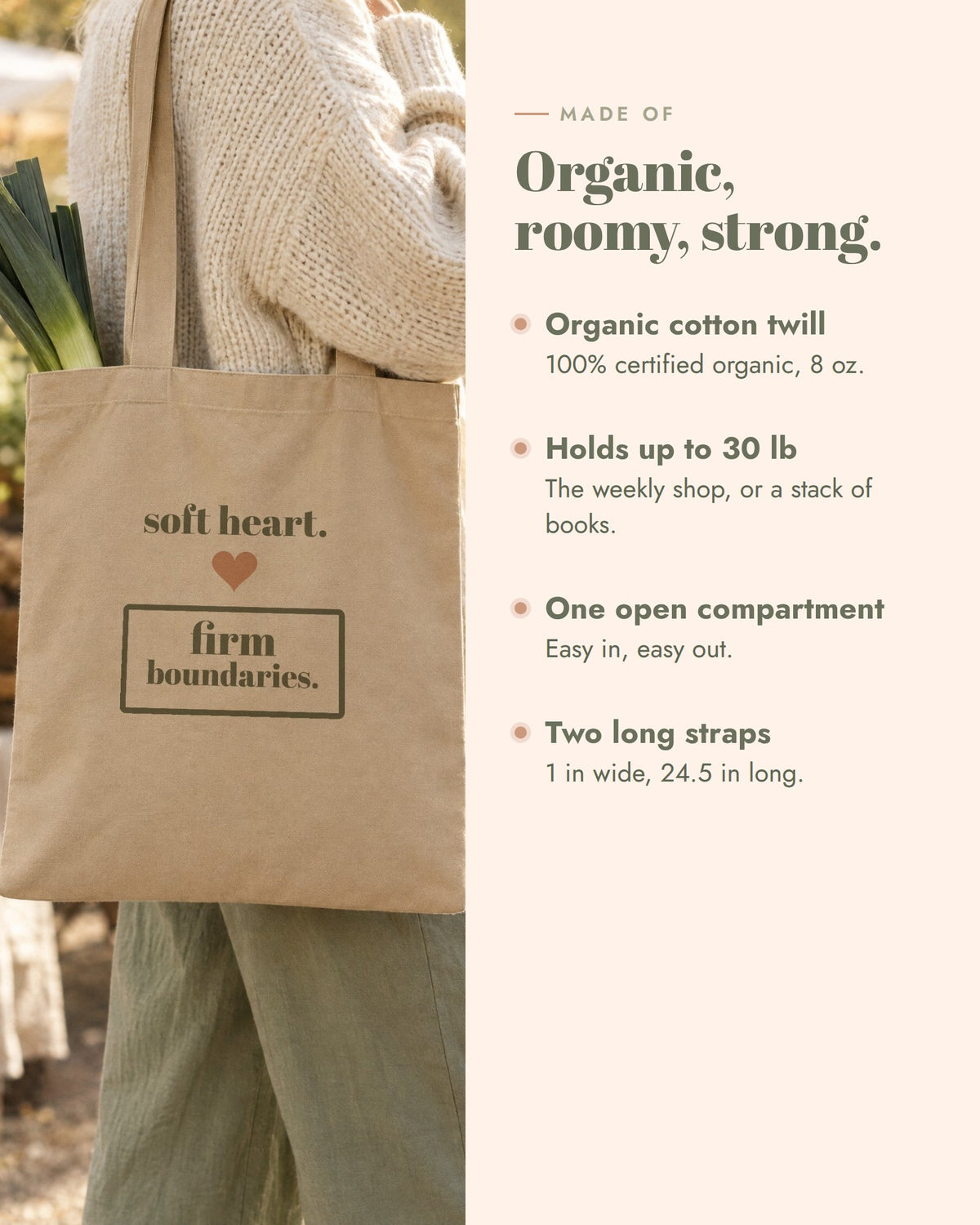 Soft Heart, Firm Boundaries Tote, certified organic cotton twill, 8 oz, 16 x 14.5 x 5 in, holds up to 30 lb