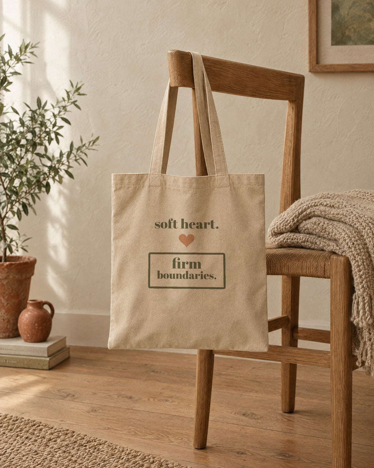 Soft Heart, Firm Boundaries Tote, in natural oyster, hanging on a wooden chair