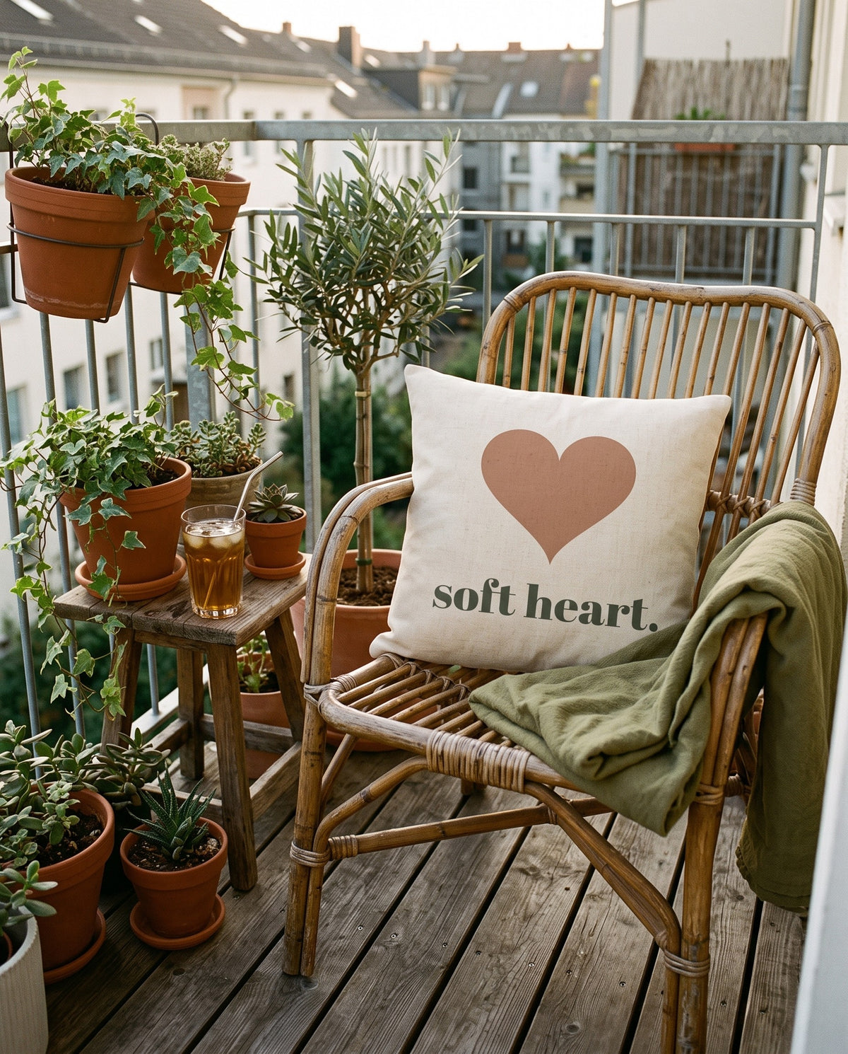 Soft Heart Pillow, on a rattan chair on a balcony full of plants