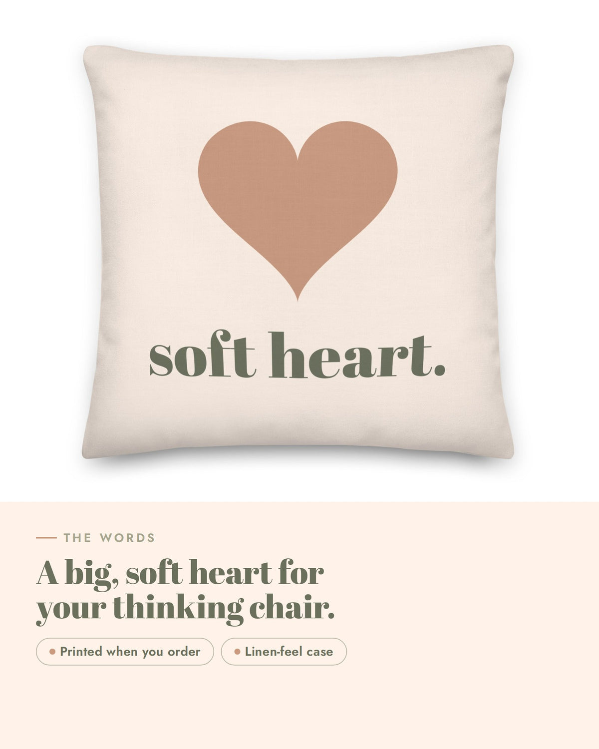Soft Heart Pillow, the words up close: a large terracotta heart above soft heart.