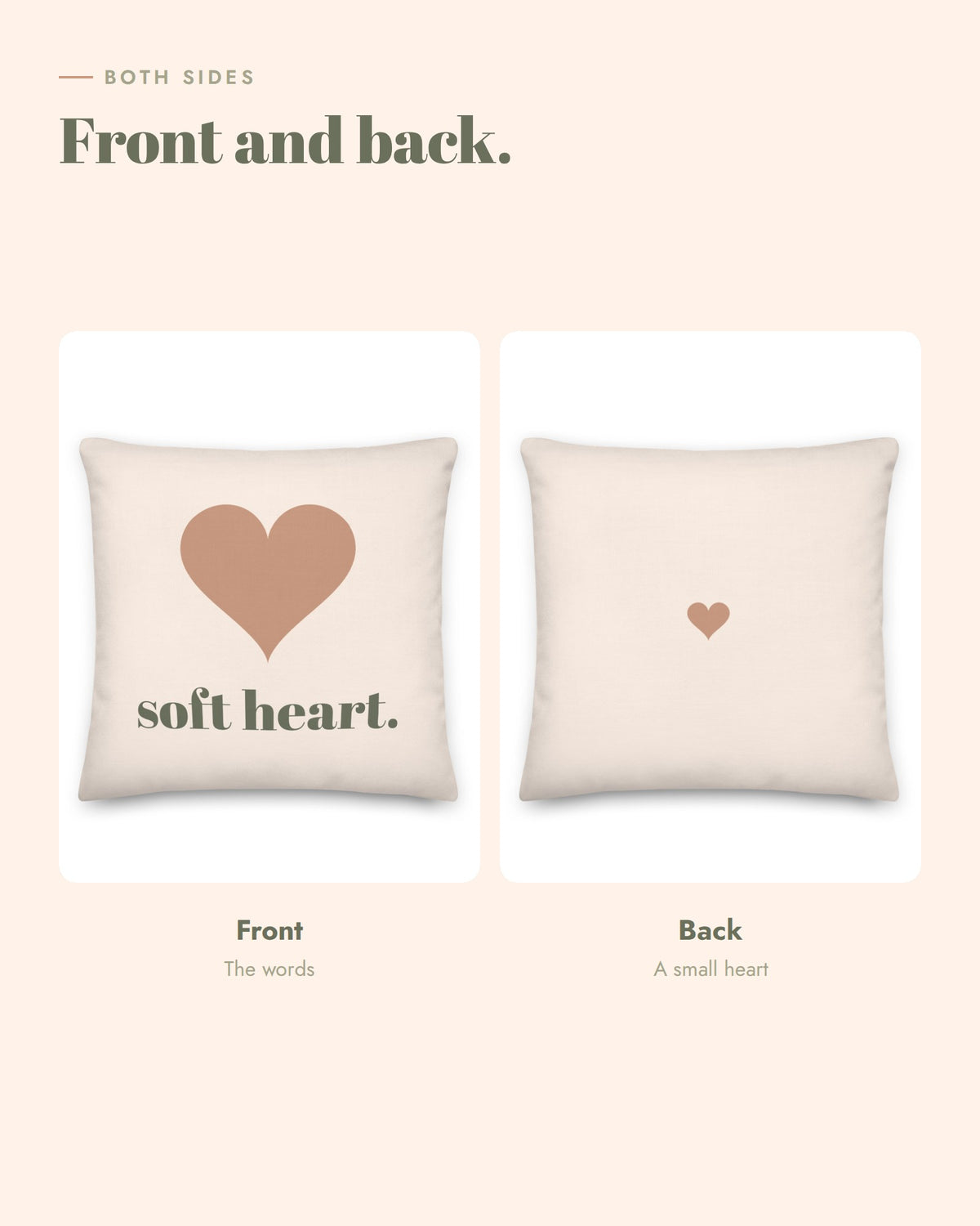 Soft Heart Pillow, front and back: a large heart and soft heart. on the front, a small terracotta heart on cream on the back