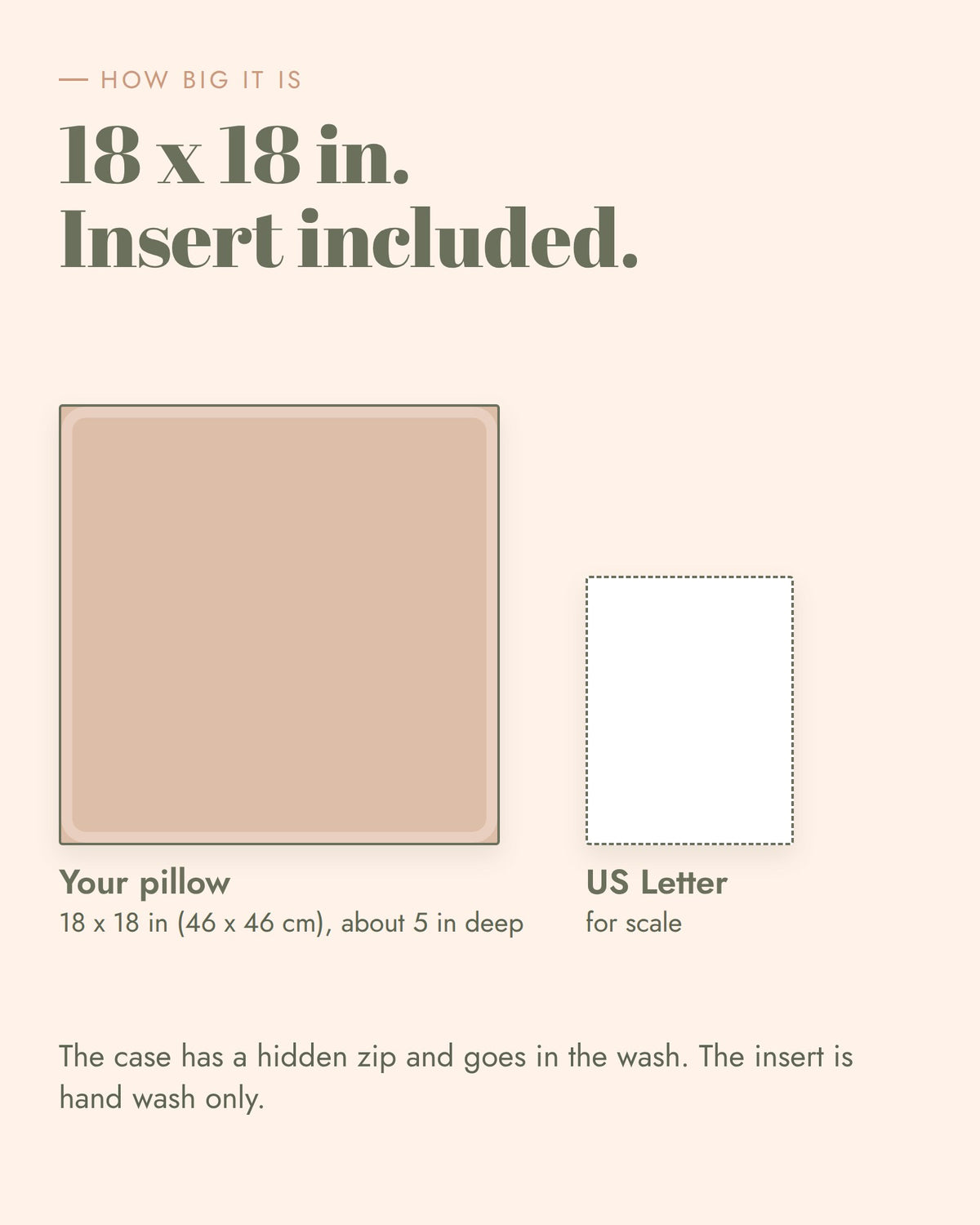 Soft Heart Pillow: how big it is, 18 x 18 in (46 x 46 cm) and about 5 in deep, shown next to a sheet of US Letter at the same scale. Insert included.