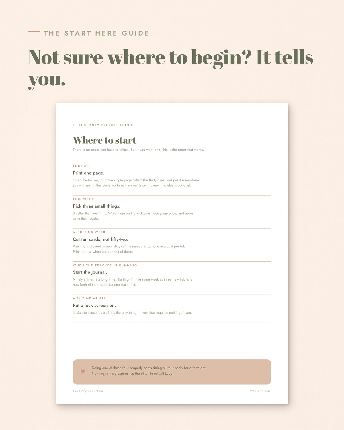 The Cozy Collection Start Here page: where to start, tonight print one page