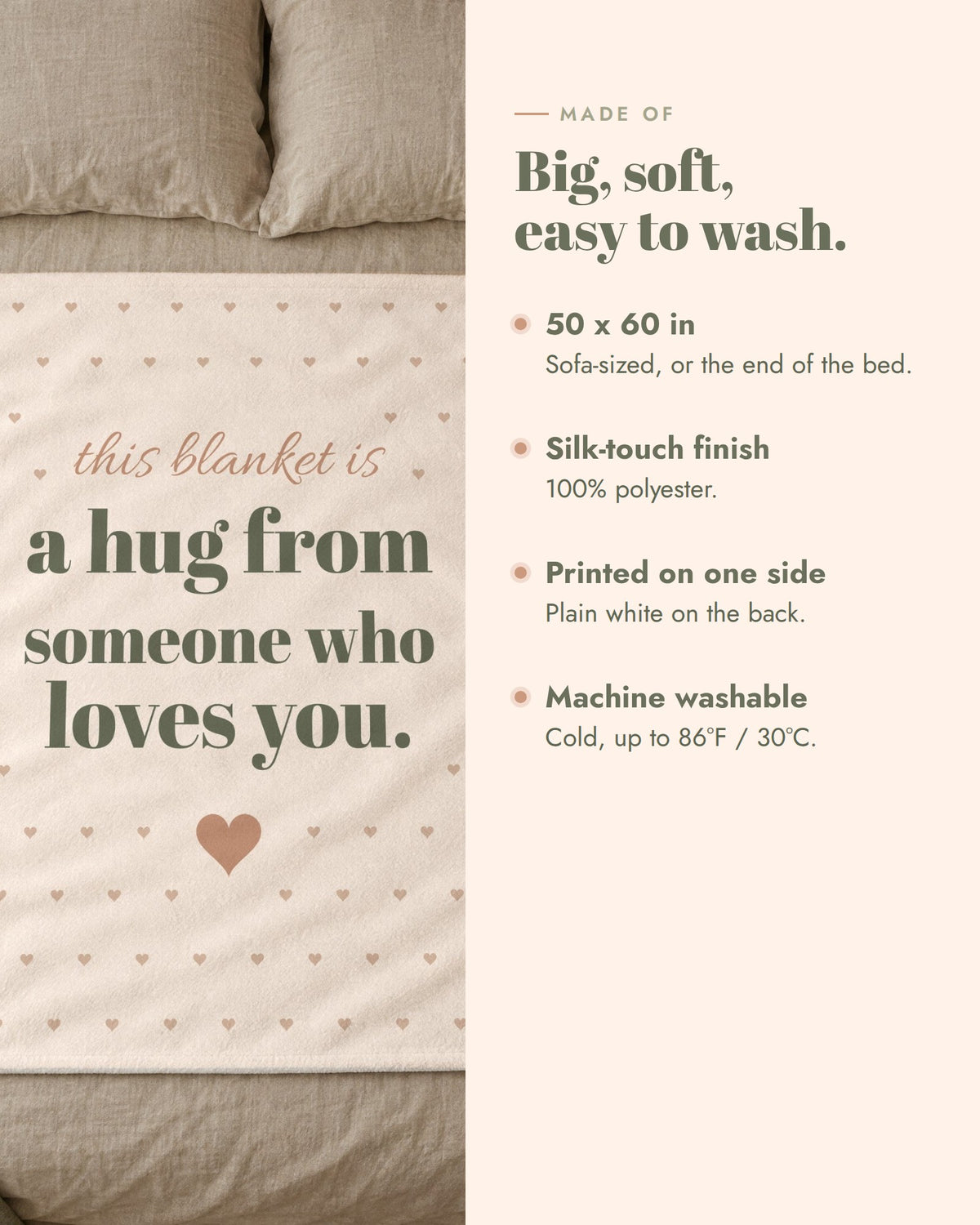 This Blanket Is a Hug Throw, 50 x 60 in, 100% polyester with a silk-touch finish, printed on one side, white on the back, machine washable