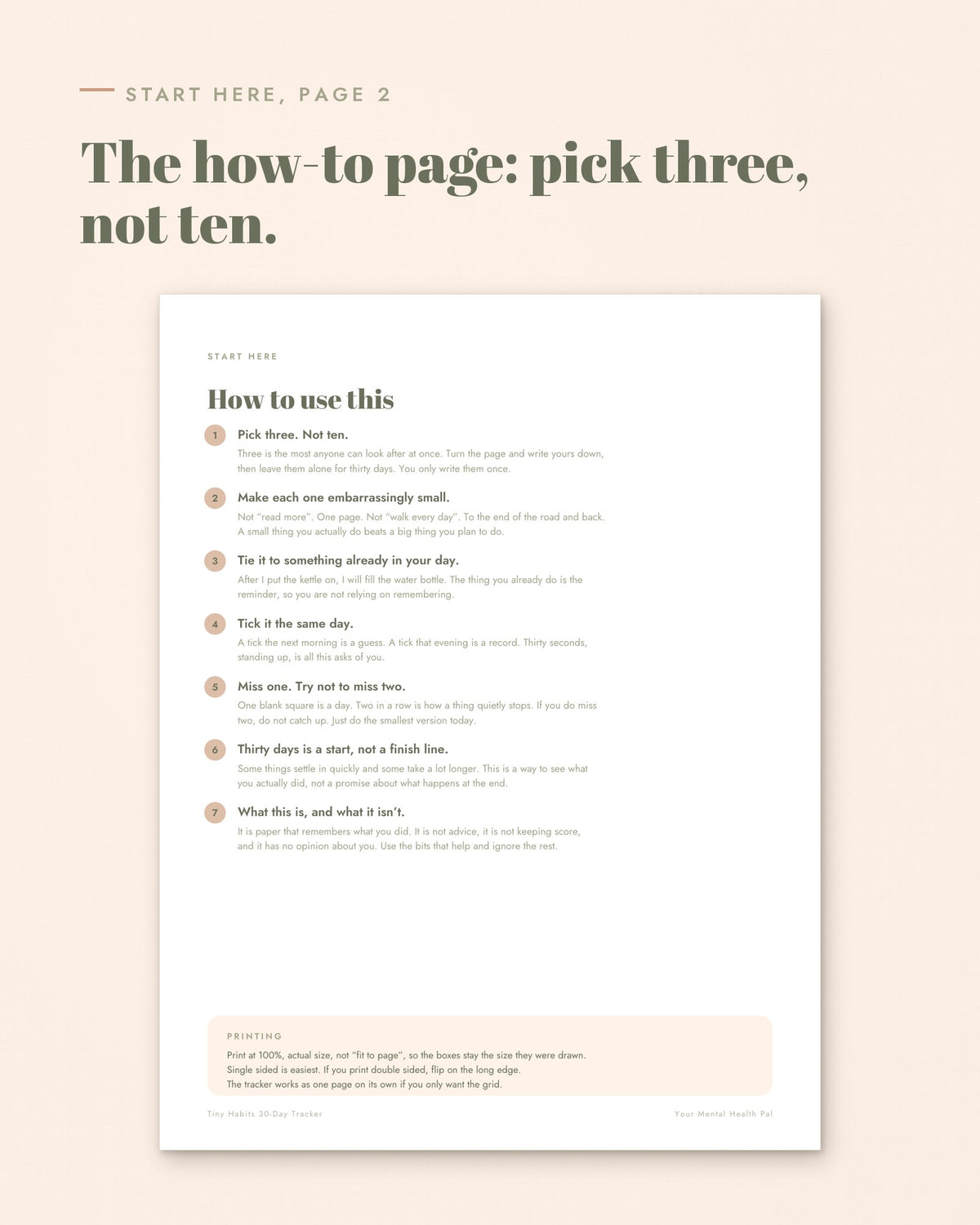 Tiny Habits 30-Day Tracker how-to page: pick three, not ten; make each one small; miss one, try not to miss two