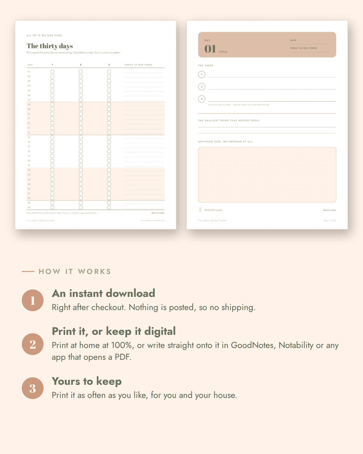 Tiny Habits 30-Day Tracker: an instant download, nothing is posted. Print at home at 100%, or write straight onto it in GoodNotes, Notability or any app that opens a PDF