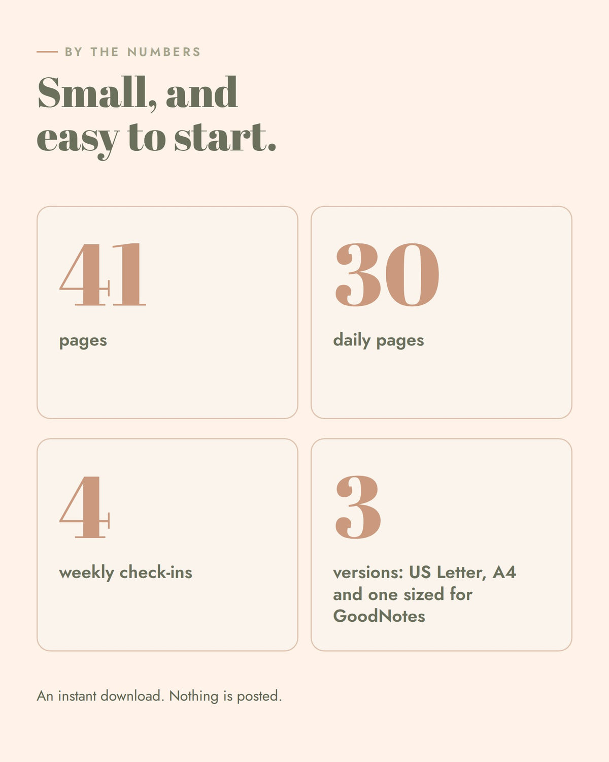 Tiny Habits 30-Day Tracker: 41 pages, 30 daily pages, 4 weekly check-ins, US Letter, A4 and a version sized for GoodNotes
