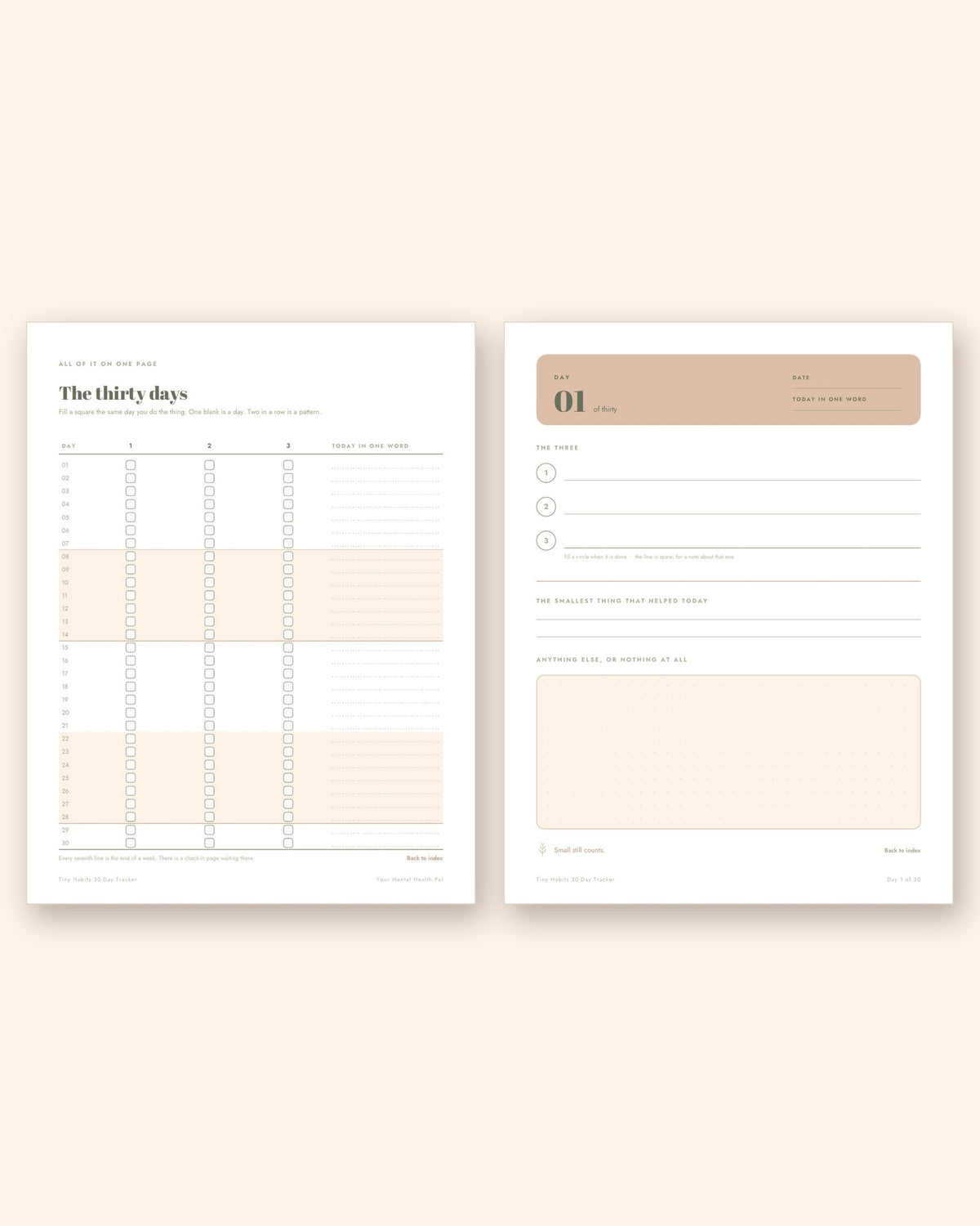 Two inside pages of the Tiny Habits tracker: the thirty days grid and a Day 01 page