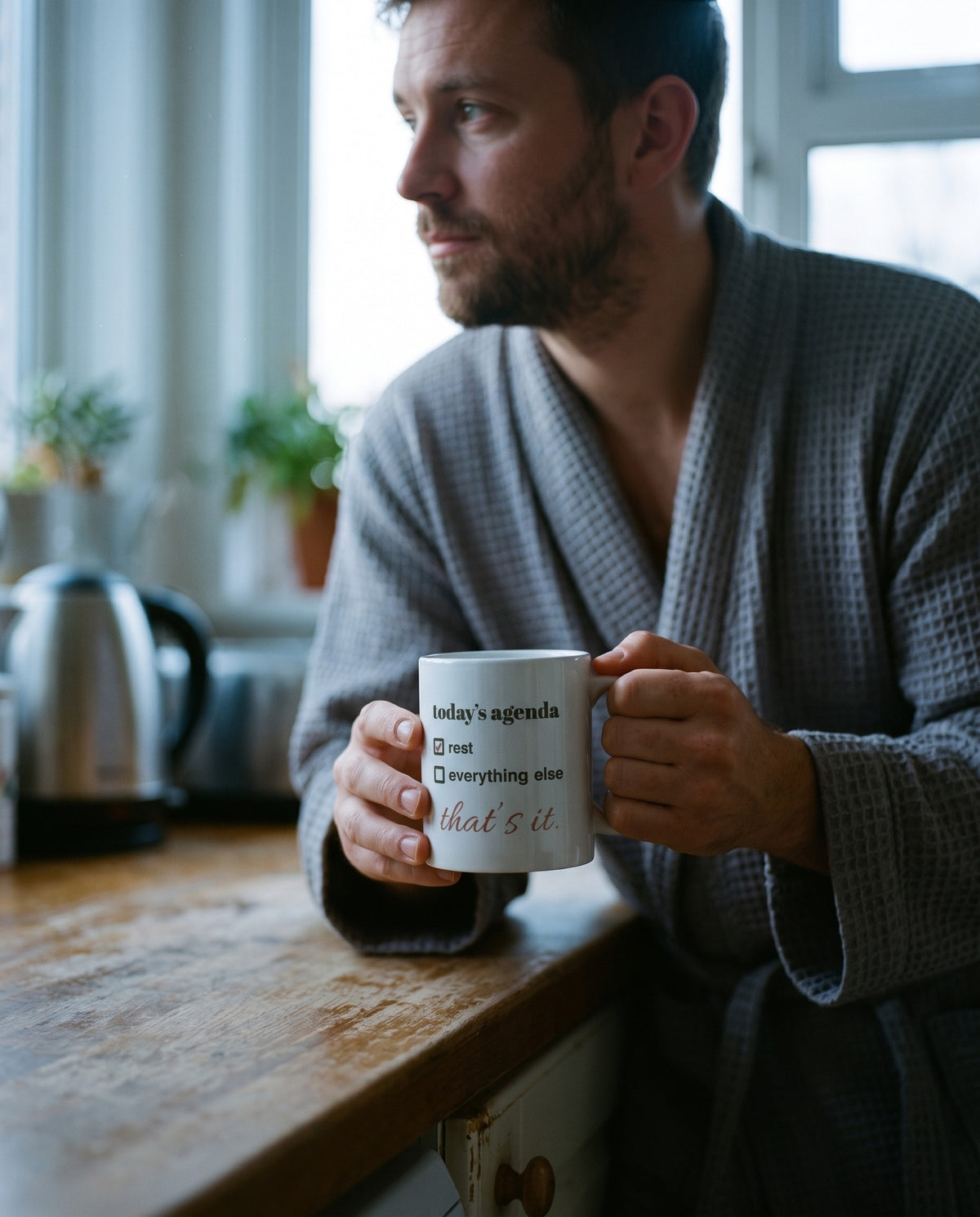 Today's Agenda Mug, held at a kitchen window in the morning