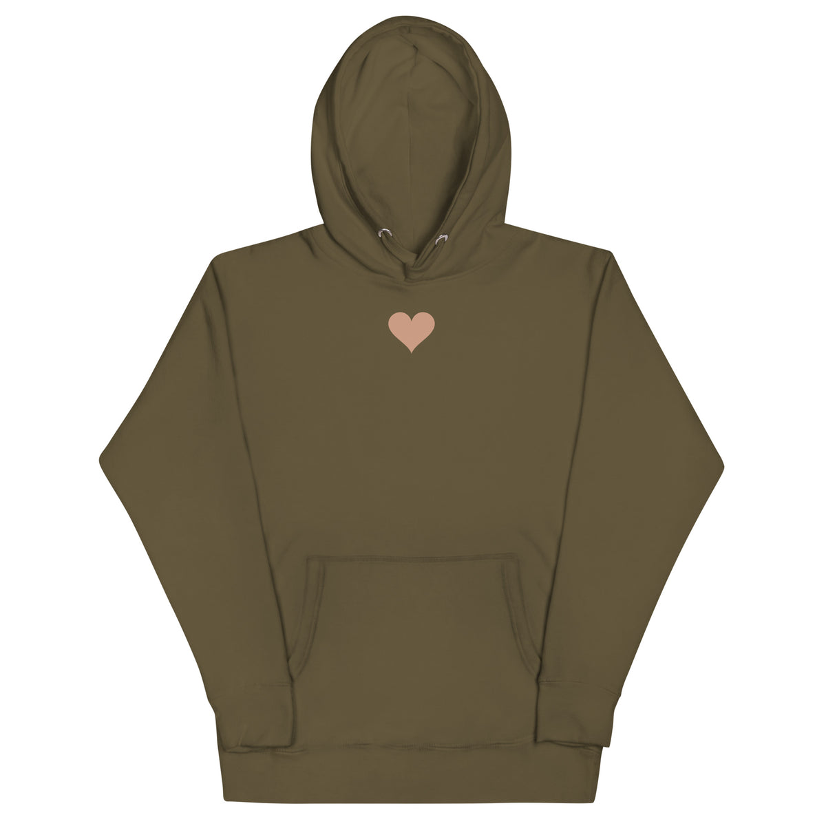 Hey You Hoodie in military green, a small terracotta heart on the chest