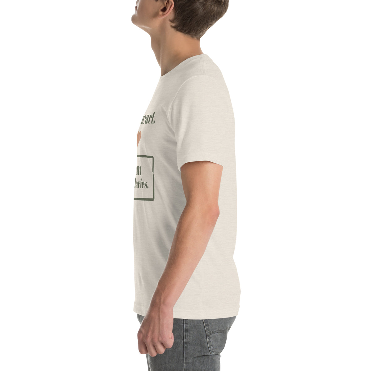 Soft Heart, Firm Boundaries Tee in Heather Dust, worn by a model, left side