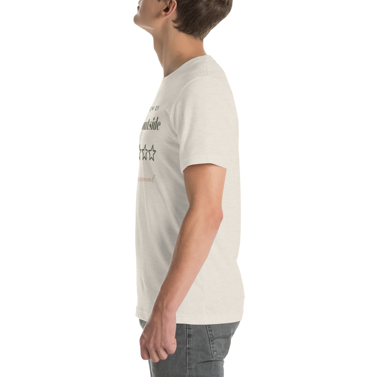 Going Outside, One Star Tee in Heather Dust, worn by a model, left side