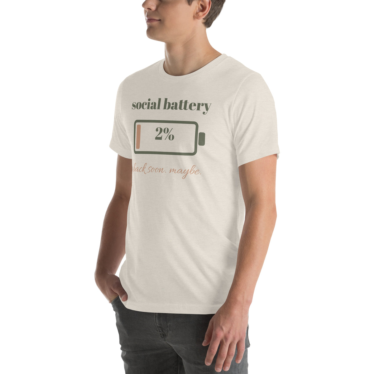 Social Battery Tee in Heather Dust, worn by a model, three-quarter view from the left