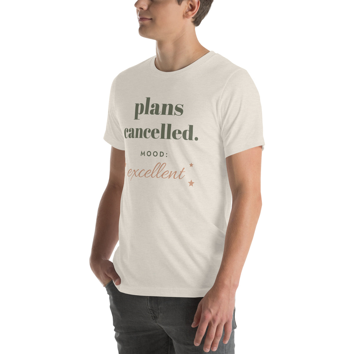 Plans Cancelled Tee in Heather Dust, worn by a model, three-quarter view from the left