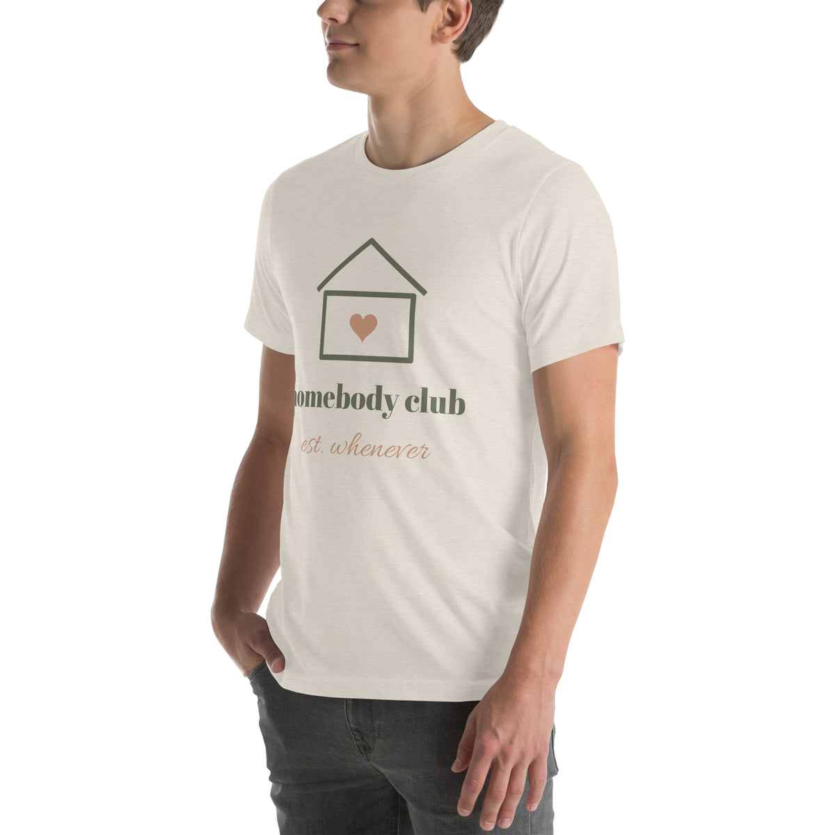 Homebody Club Tee in Heather Dust, worn by a model, three-quarter view from the left