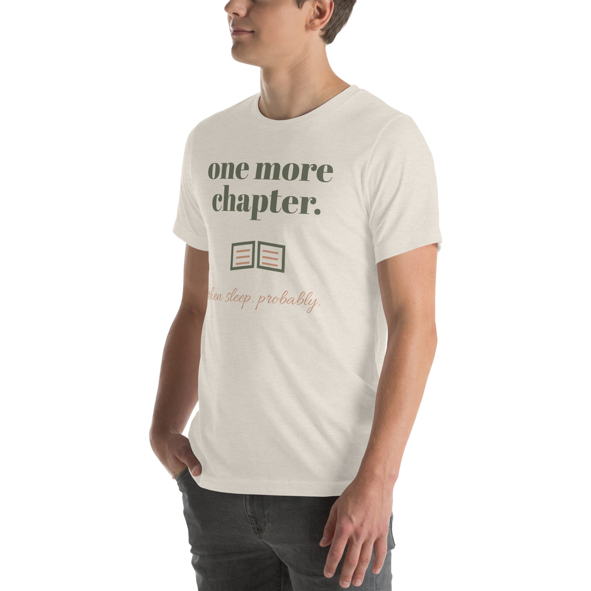 One More Chapter Tee in Heather Dust, worn by a model, three-quarter view from the left