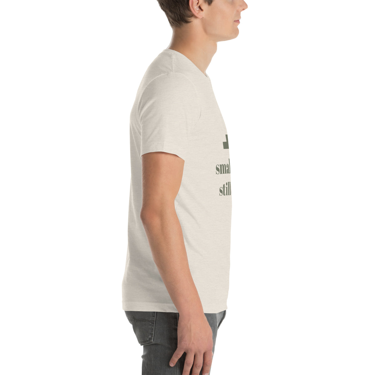 Small Steps Still Count Tee in Heather Dust, worn by a model, right side