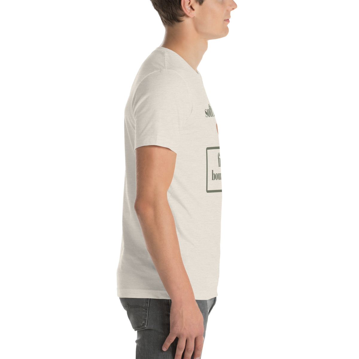 Soft Heart, Firm Boundaries Tee in Heather Dust, worn by a model, right side