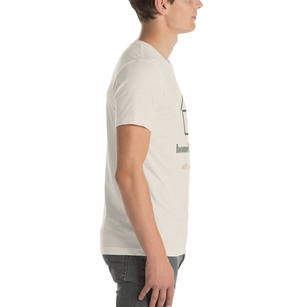 Homebody Club Tee in Heather Dust, worn by a model, right side