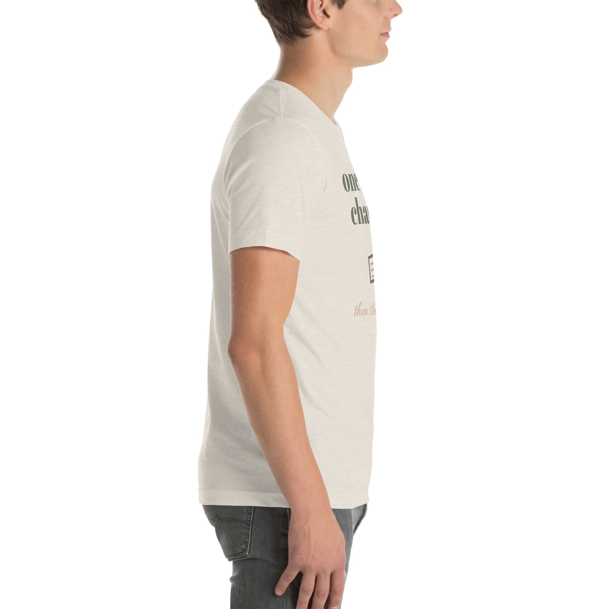 One More Chapter Tee in Heather Dust, worn by a model, right side