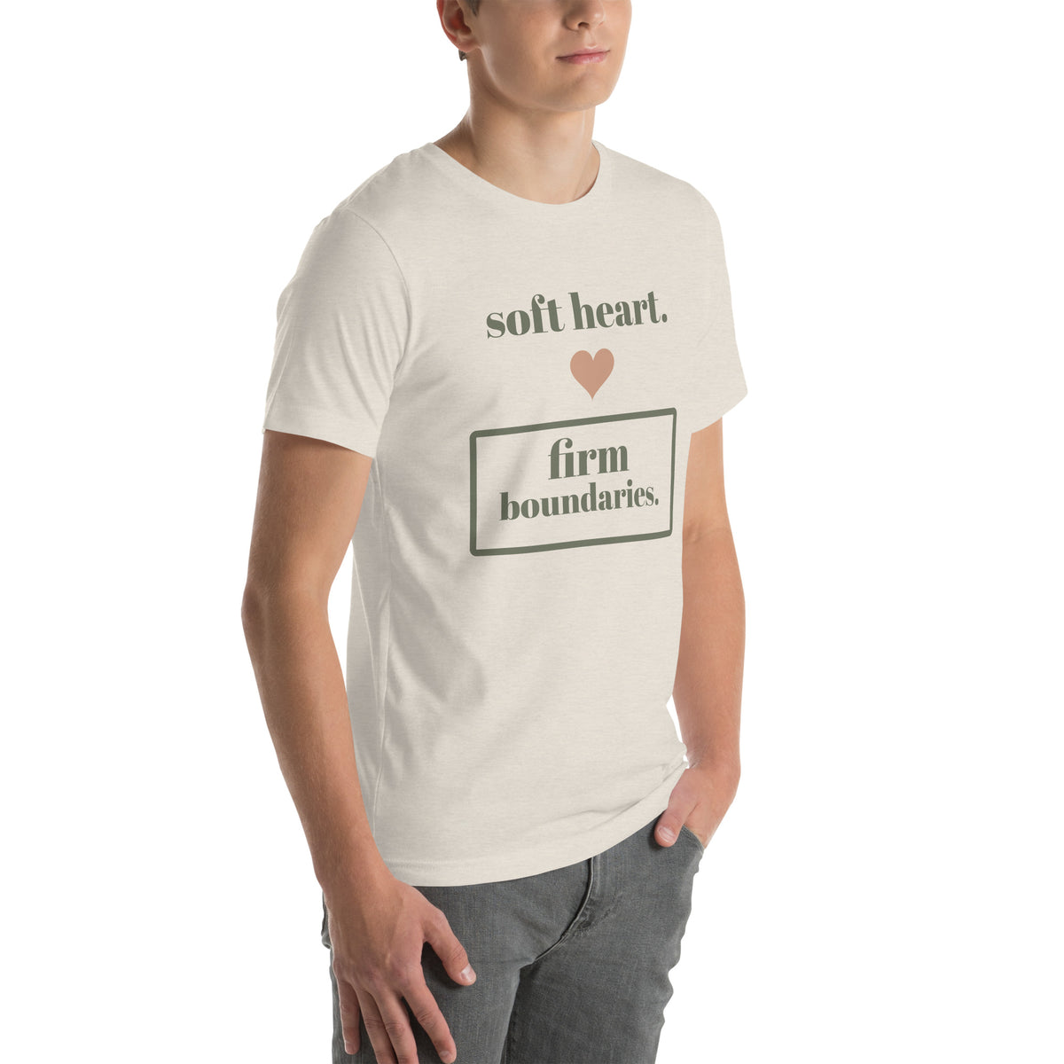Soft Heart, Firm Boundaries Tee in Heather Dust, worn by a model, three-quarter view from the right