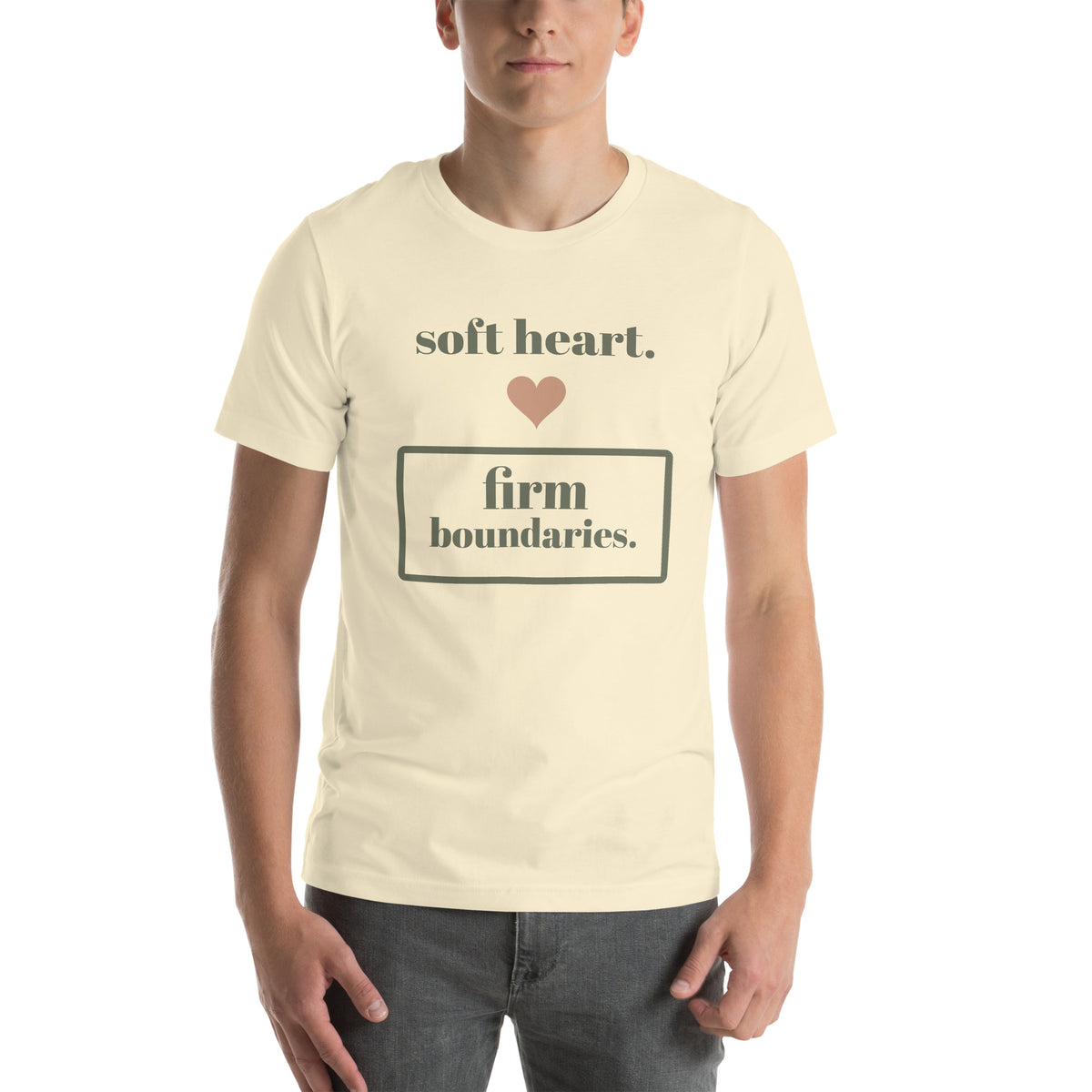 Soft Heart, Firm Boundaries Tee in Natural, worn by a model, front print: soft heart, firm boundaries