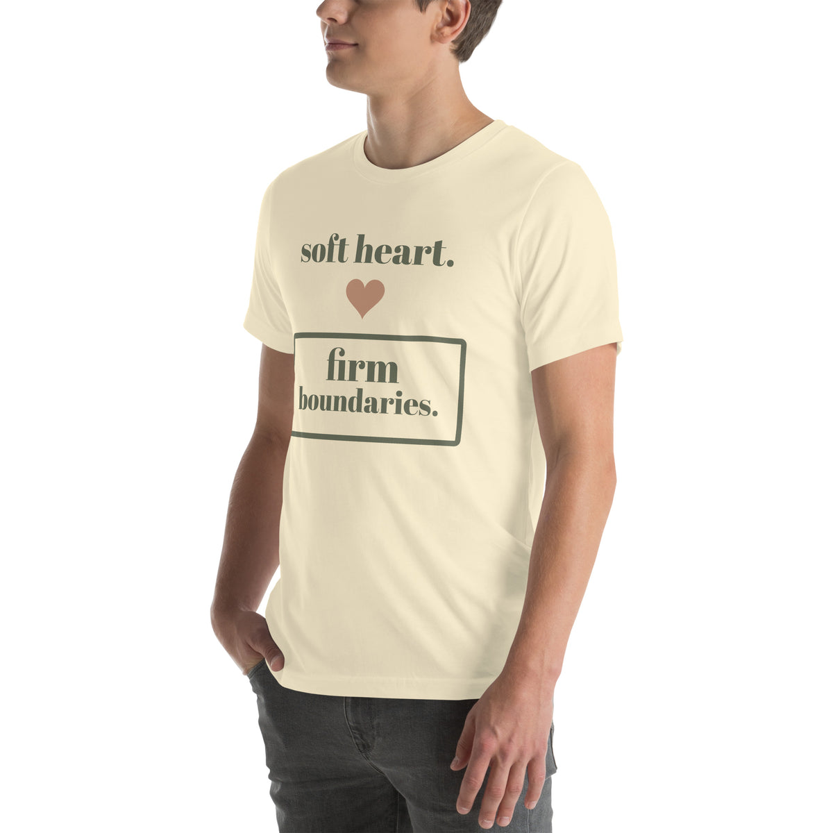 Soft Heart, Firm Boundaries Tee in Natural, worn by a model, three-quarter view from the left