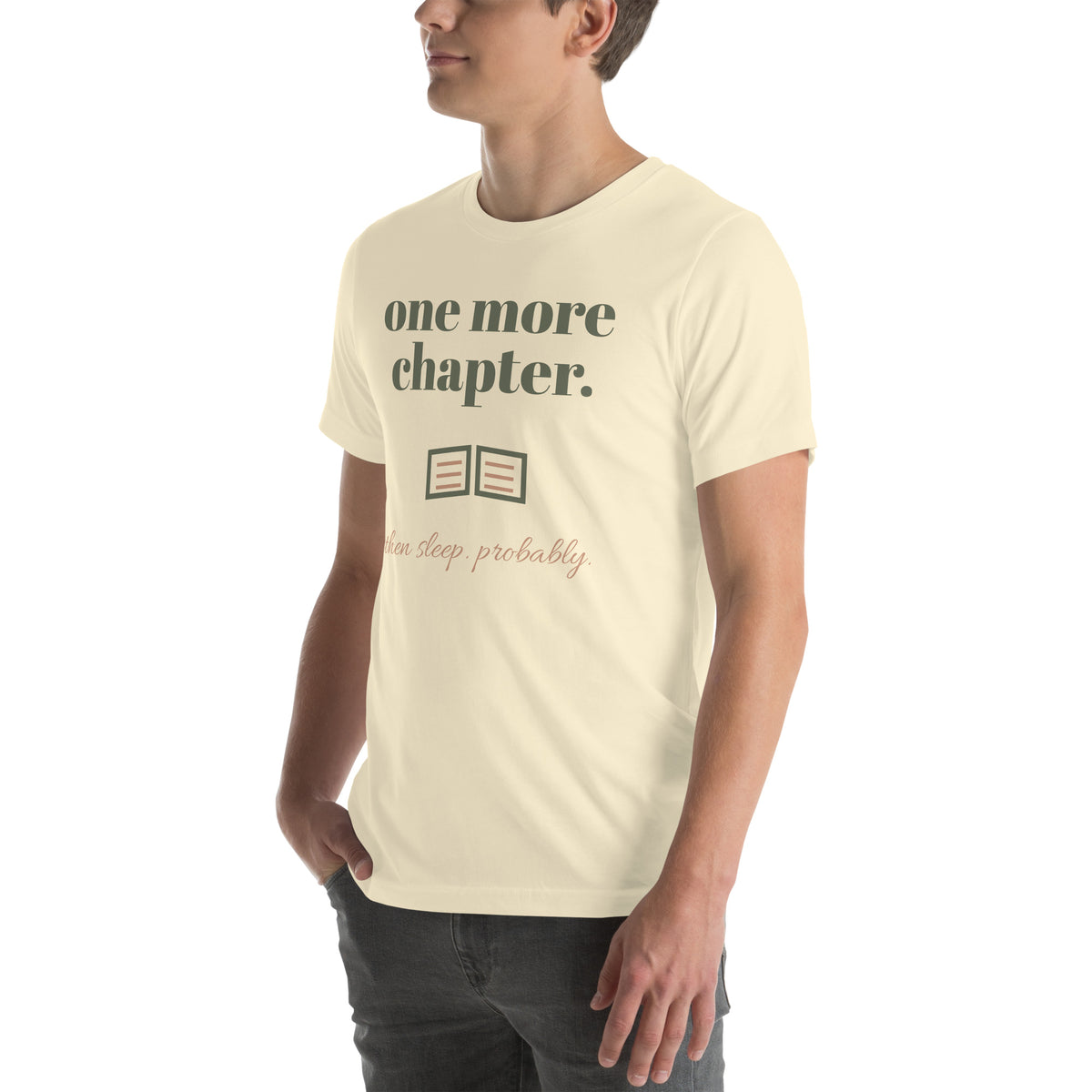 One More Chapter Tee in Natural, worn by a model, three-quarter view from the left