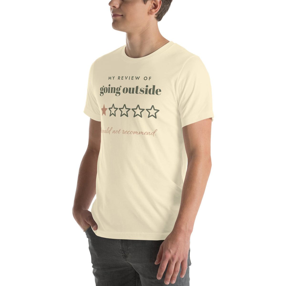 Going Outside, One Star Tee in Natural, worn by a model, three-quarter view from the left