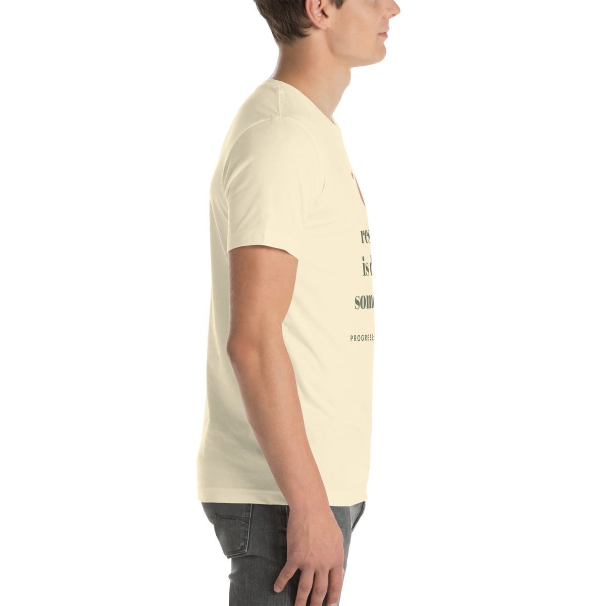 Resting Is Doing Something Tee in Natural, worn by a model, right side