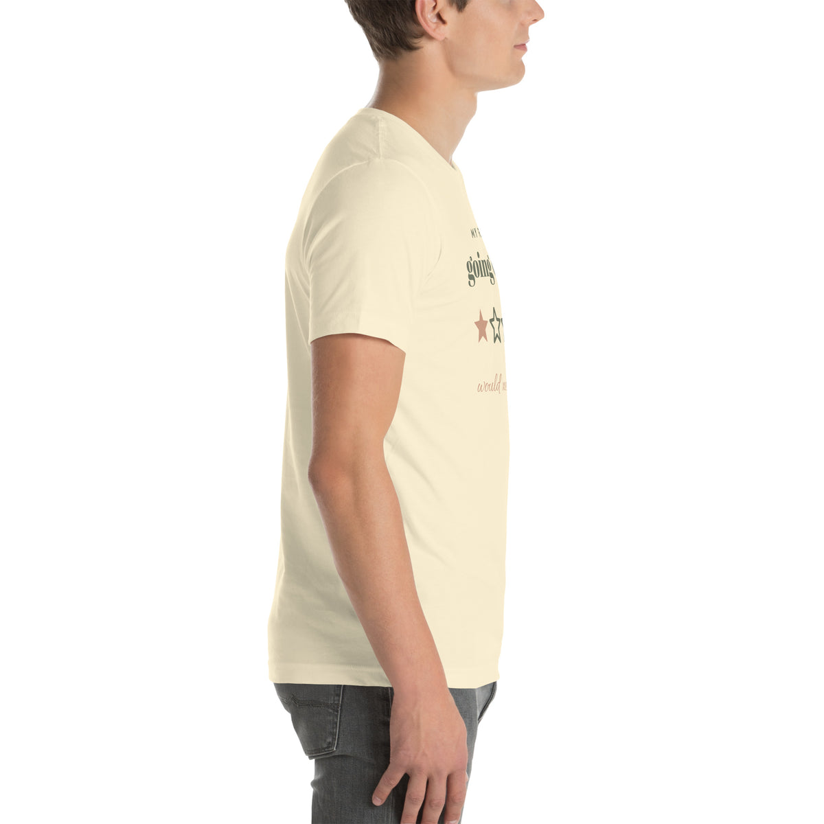 Going Outside, One Star Tee in Natural, worn by a model, right side