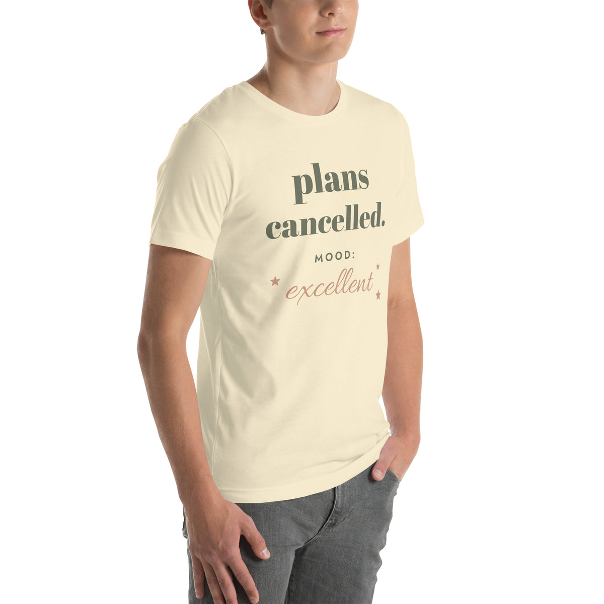 Plans Cancelled Tee in Natural, worn by a model, three-quarter view from the right
