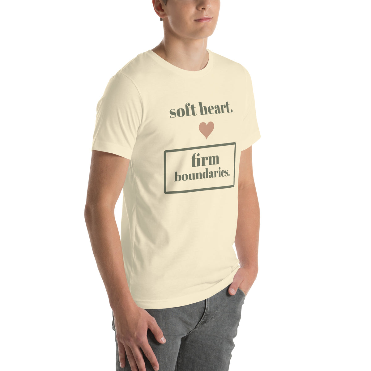 Soft Heart, Firm Boundaries Tee in Natural, worn by a model, three-quarter view from the right