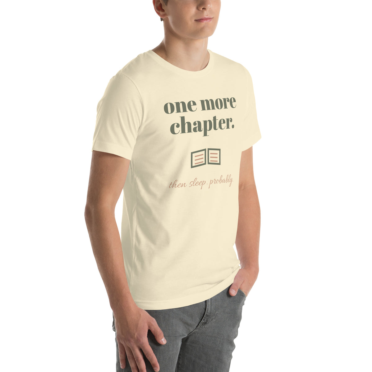 One More Chapter Tee in Natural, worn by a model, three-quarter view from the right
