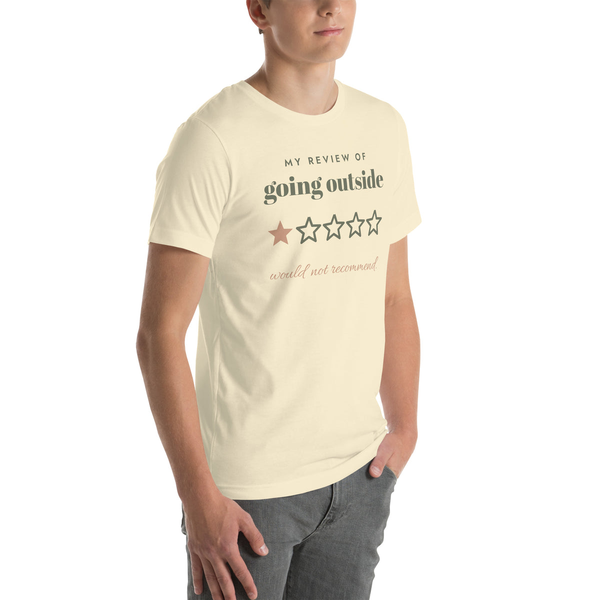 Going Outside, One Star Tee in Natural, worn by a model, three-quarter view from the right