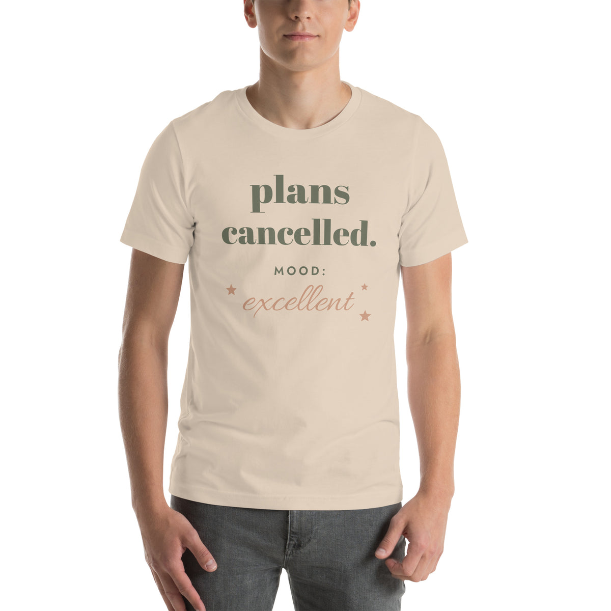 Plans Cancelled Tee in Soft Cream, worn by a model, front print: plans cancelled, mood: excellent