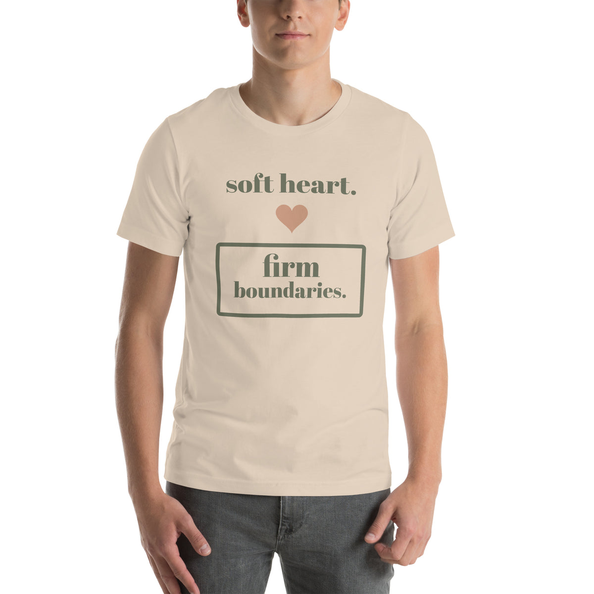 Soft Heart, Firm Boundaries Tee in Soft Cream, worn by a model, front print: soft heart, firm boundaries
