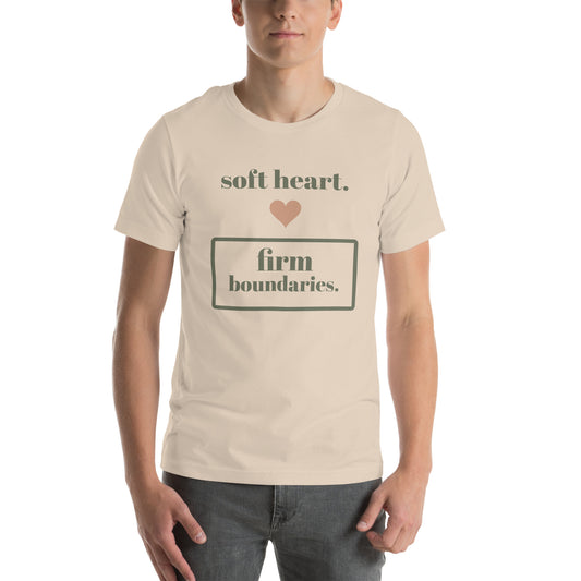 Soft Heart, Firm Boundaries Tee in Soft Cream, worn by a model, front print: soft heart, firm boundaries