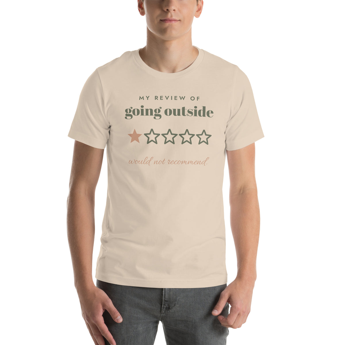 Going Outside, One Star Tee in Soft Cream, worn by a model, front print: my review of going outside, one star out of five, would not recommend