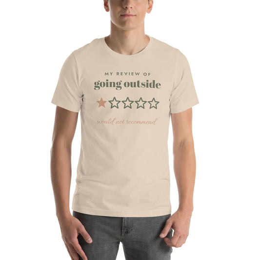 Going Outside, One Star Tee in Soft Cream, worn by a model, front print: my review of going outside, one star out of five, would not recommend