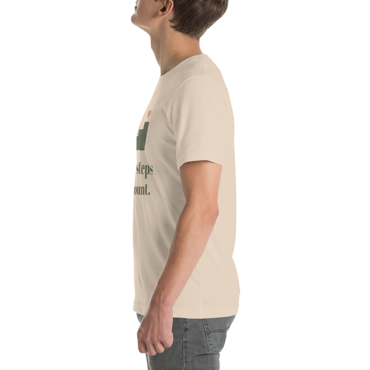 Small Steps Still Count Tee in Soft Cream, worn by a model, left side
