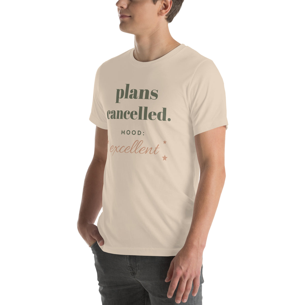 Plans Cancelled Tee in Soft Cream, worn by a model, three-quarter view from the left