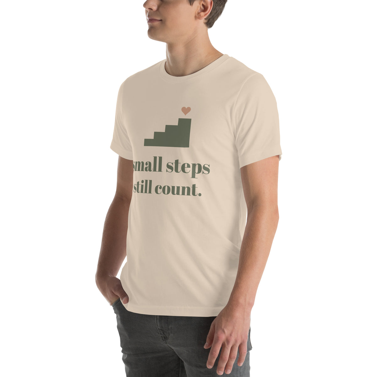 Small Steps Still Count Tee in Soft Cream, worn by a model, three-quarter view from the left