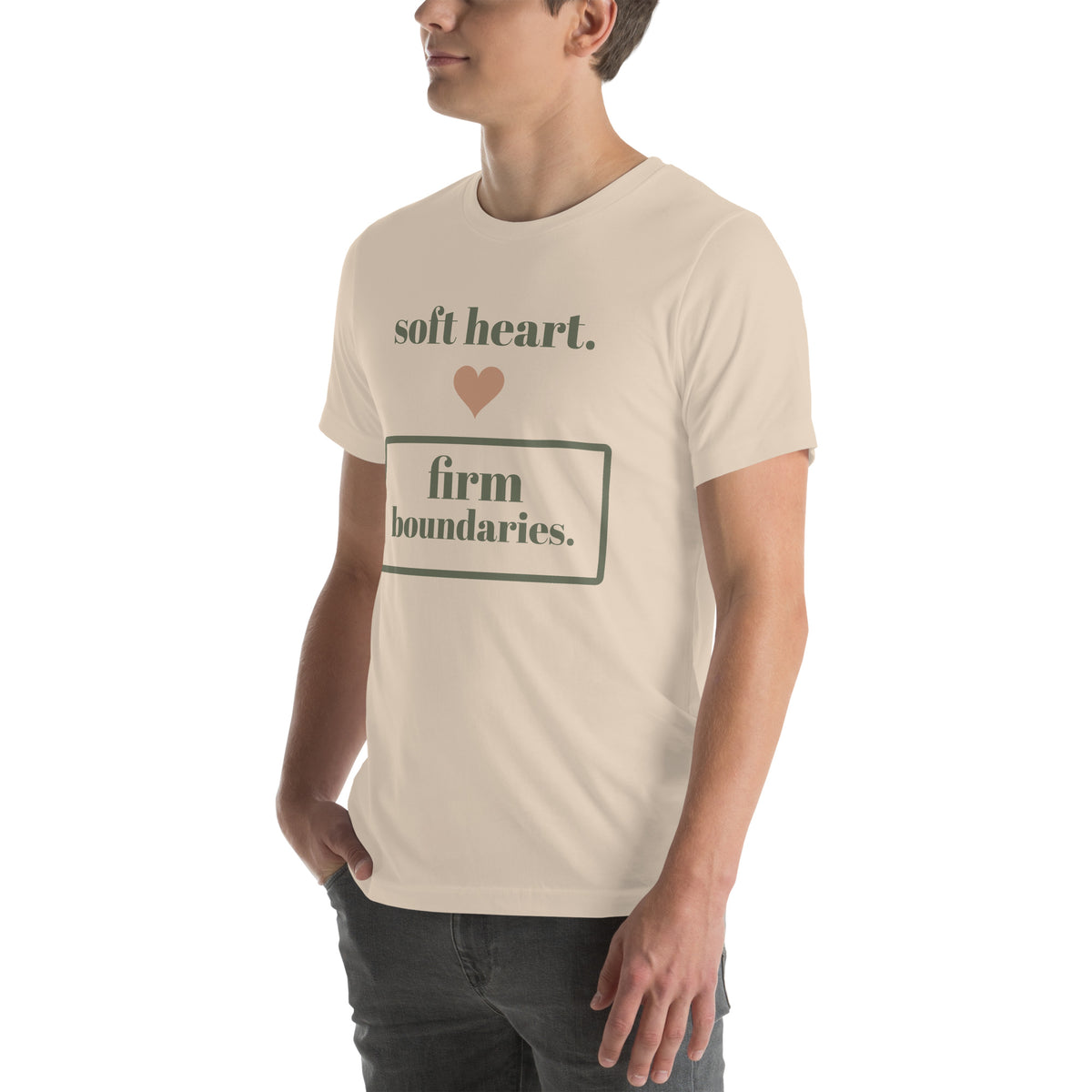 Soft Heart, Firm Boundaries Tee in Soft Cream, worn by a model, three-quarter view from the left