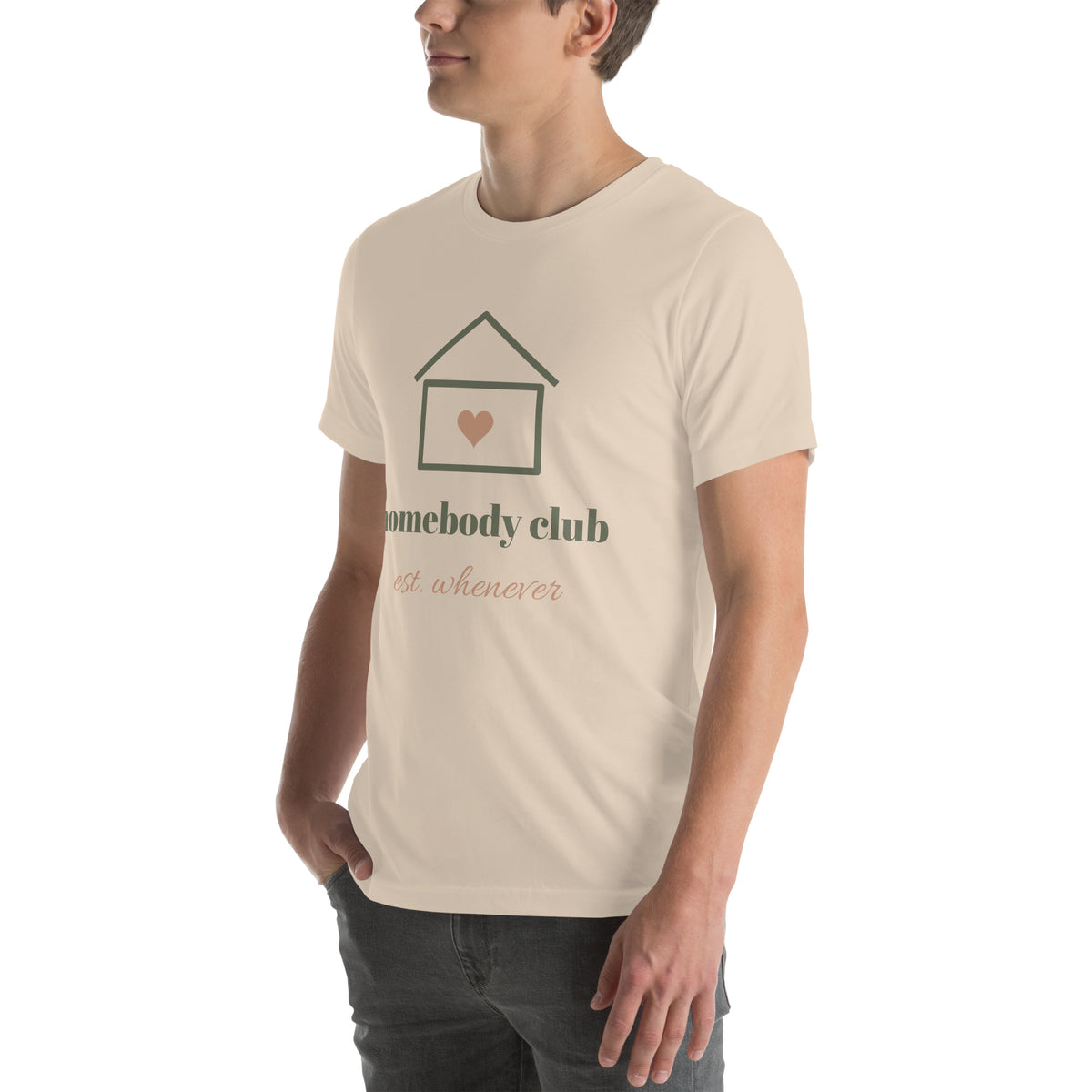 Homebody Club Tee in Soft Cream, worn by a model, three-quarter view from the left