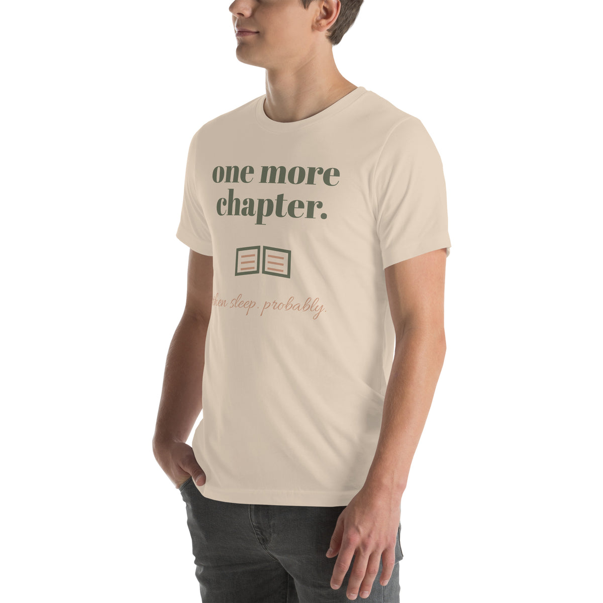 One More Chapter Tee in Soft Cream, worn by a model, three-quarter view from the left
