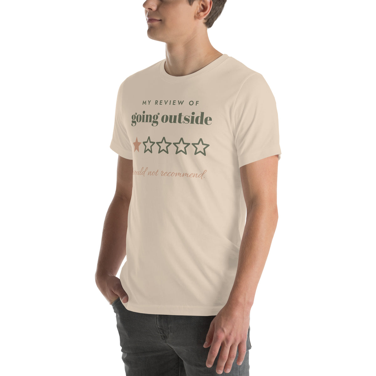 Going Outside, One Star Tee in Soft Cream, worn by a model, three-quarter view from the left